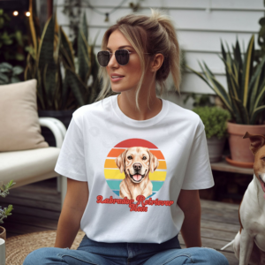 a woman wearing a white tee featuring a retro sunset design with a yellow lab and the words labrador retriever mom in retro script