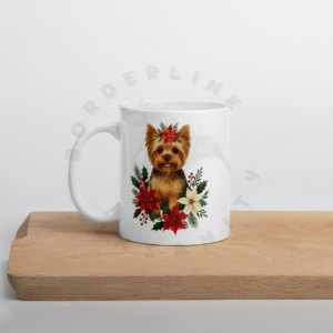 Yorkshire Terrier Yorkie watercolor portrait with Christmas florals and evergreen sprigs on white ceramic mug