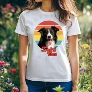 custom retro sunset dog mom tee mockup of a woman in a garden