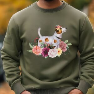 a man standing in a park in fall wearing a military green sweatshirt featuring an image of a jack russell terrier in watercolor flowers