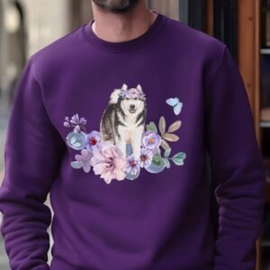 a man standing in a doorway wearing a purple crewneck sweatshirt featuring an alaskan malamute surrounded by watercolor flowers