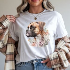 Watercolor Boxer dog tee with botanical florals modeled for elegant dog apparel