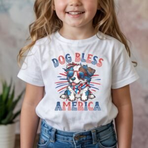 a girl wearing a white tee featuring a graphic of a cartoon style australian shepherd wearing an american flag bandana with the words dog bless america in red and blue