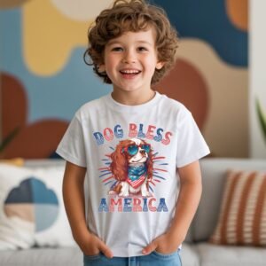 a boy wearing a white tee featuring a graphic of a cartoon style cavalier king charles spaniel wearing an american flag bandana with the words dog bless america in red and blue
