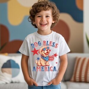 a boy wearing a white tee featuring a graphic of a cartoon style golden retriever wearing an american flag bandana with the words dog bless america in red and blue