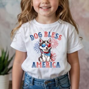 a girl wearing a white tee featuring a graphic of a cartoon style husky wearing an american flag bandana with the words dog bless america in red and blue