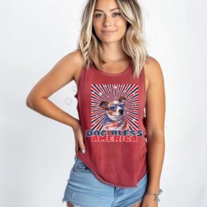 a woman wearing a crimson tank with a patriotic background and an image of a jack russell terrier in an american flag bandana and sunglasses that says dog bless america