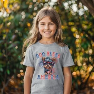 a girl wearing a sport grey tee featuring a graphic of a cartoon style yorkie wearing an american flag bandana with the words dog bless america in red and blue
