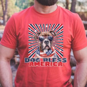 a man wearing a heather red tee with a patriotic background and an image of a boxer in an american flag bandana and sunglasses that says dog bless america