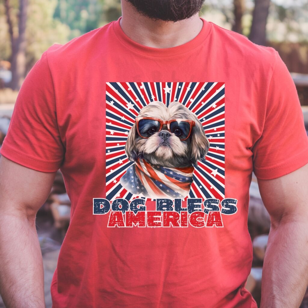 a man wearing a heather red tee with a patriotic background and an image of a shih tzu in an american flag bandana and sunglasses that says dog bless america