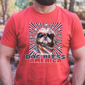 a man wearing a heather red tee with a patriotic background and an image of a shih tzu in an american flag bandana and sunglasses that says dog bless america