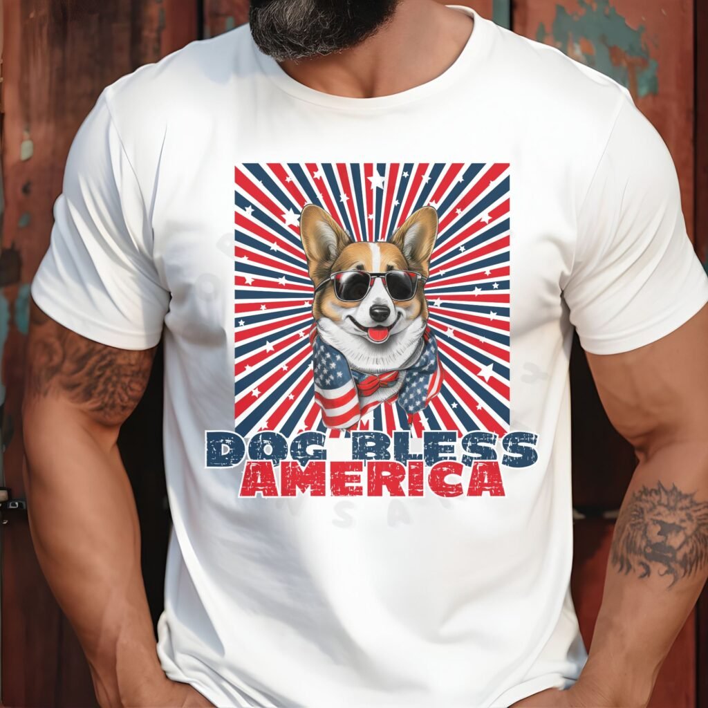a man standing against a wood paneled wall wearing a white tee with a patriotic background and an image of a corgi in an american flag bandana and sunglasses that says dog bless america
