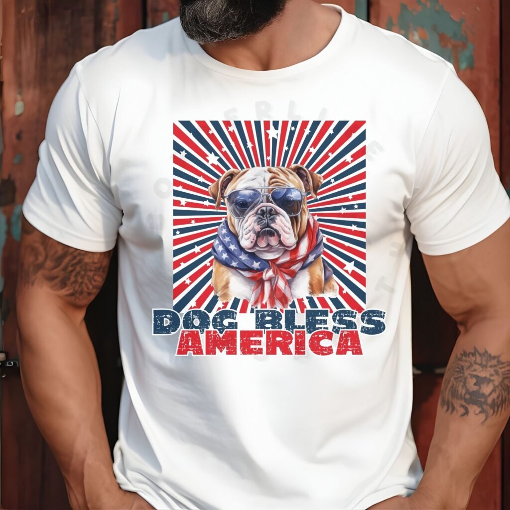 a man standing against a wood paneled wall wearing a white tee with a patriotic background and an image of a english bulldog in an american flag bandana and sunglasses that says dog bless america