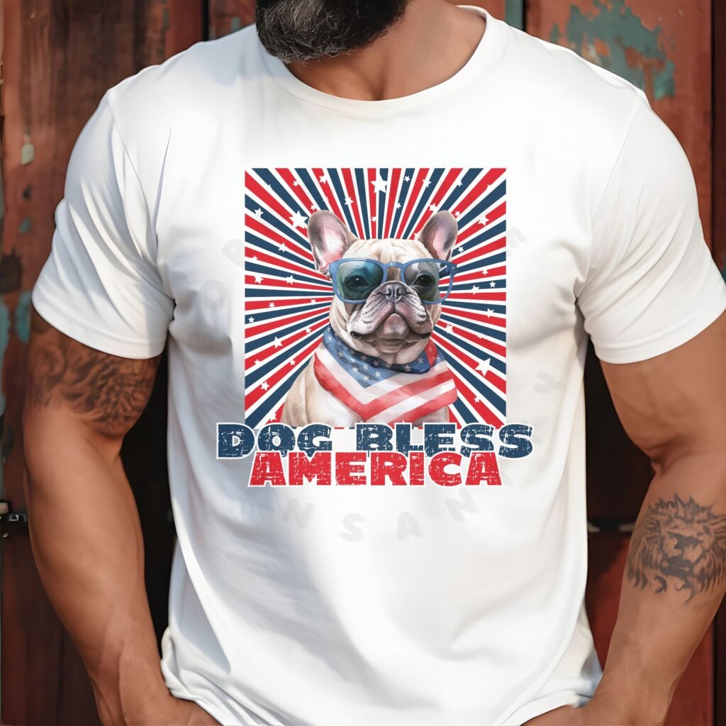 a man standing against a wood paneled wall wearing a white tee with a patriotic background and an image of a French Bulldog in an american flag bandana and sunglasses that says dog bless america