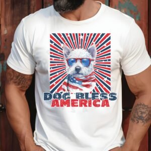 a man standing against a wood paneled wall wearing a white tee with a patriotic background and an image of a westie in an american flag bandana and sunglasses that says dog bless america