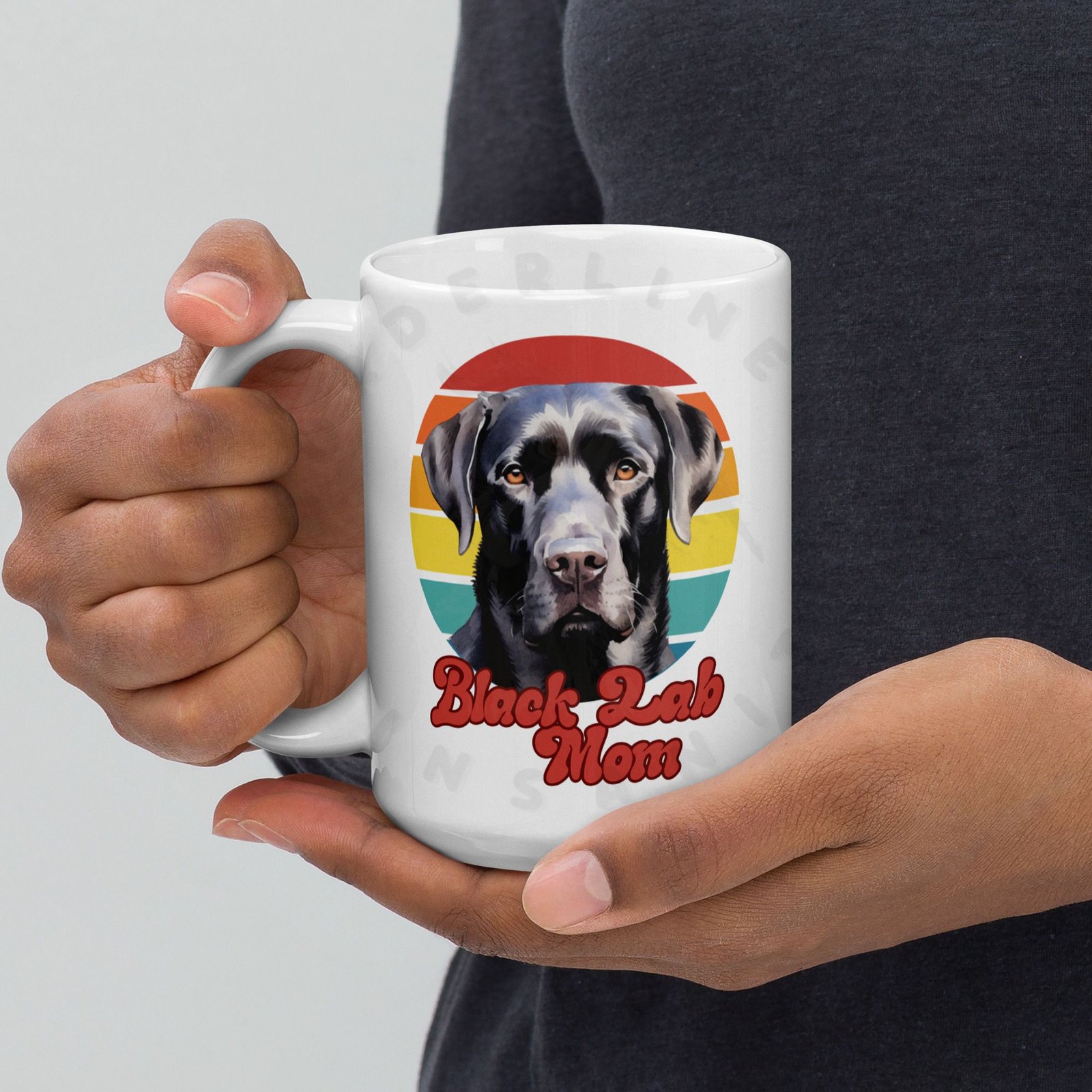 black lab mom gift mug with retro sunset watercolor design
