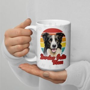 border collie mom gift mug with retro sunset watercolor design