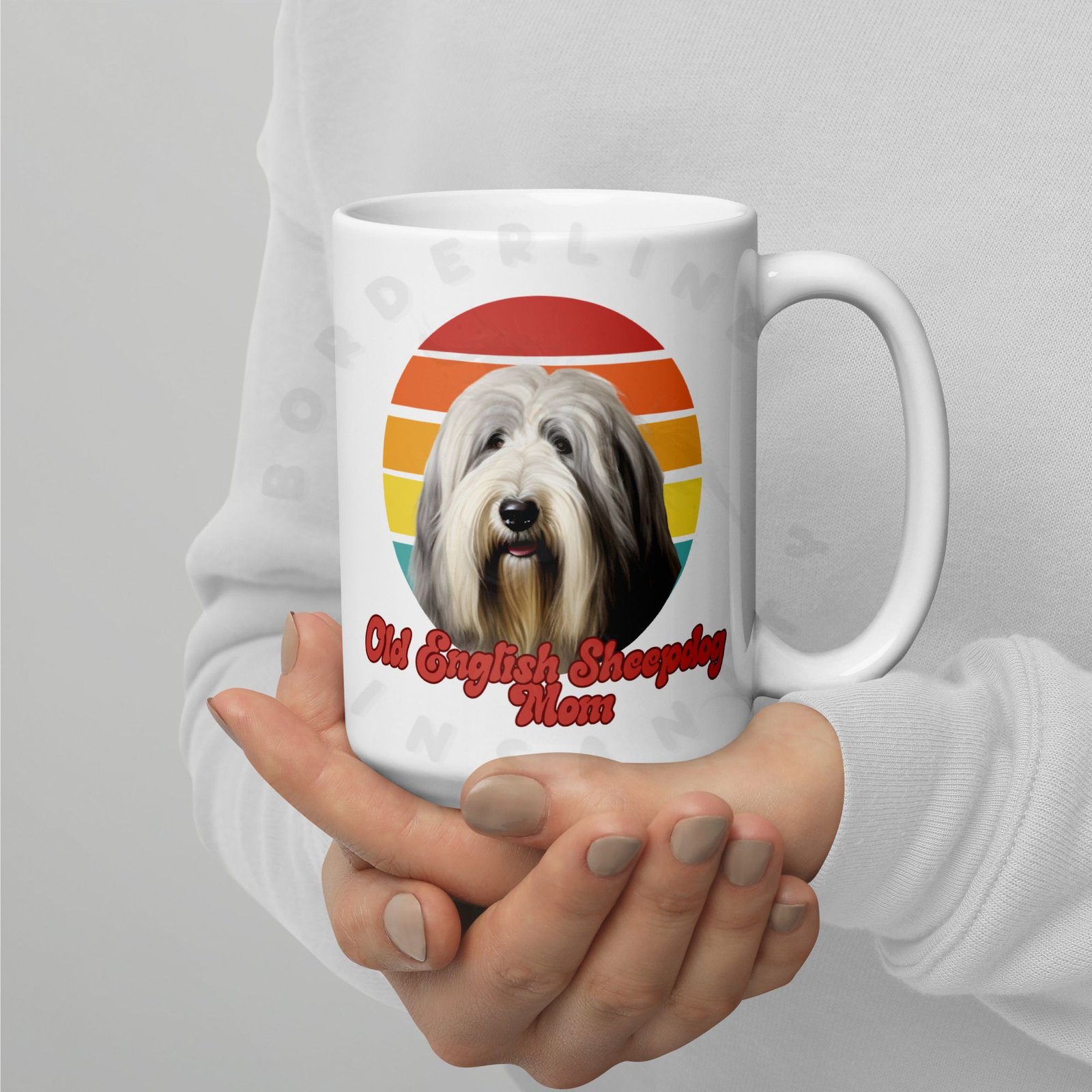 old english sheepdog mom gift mug with retro sunset watercolor design