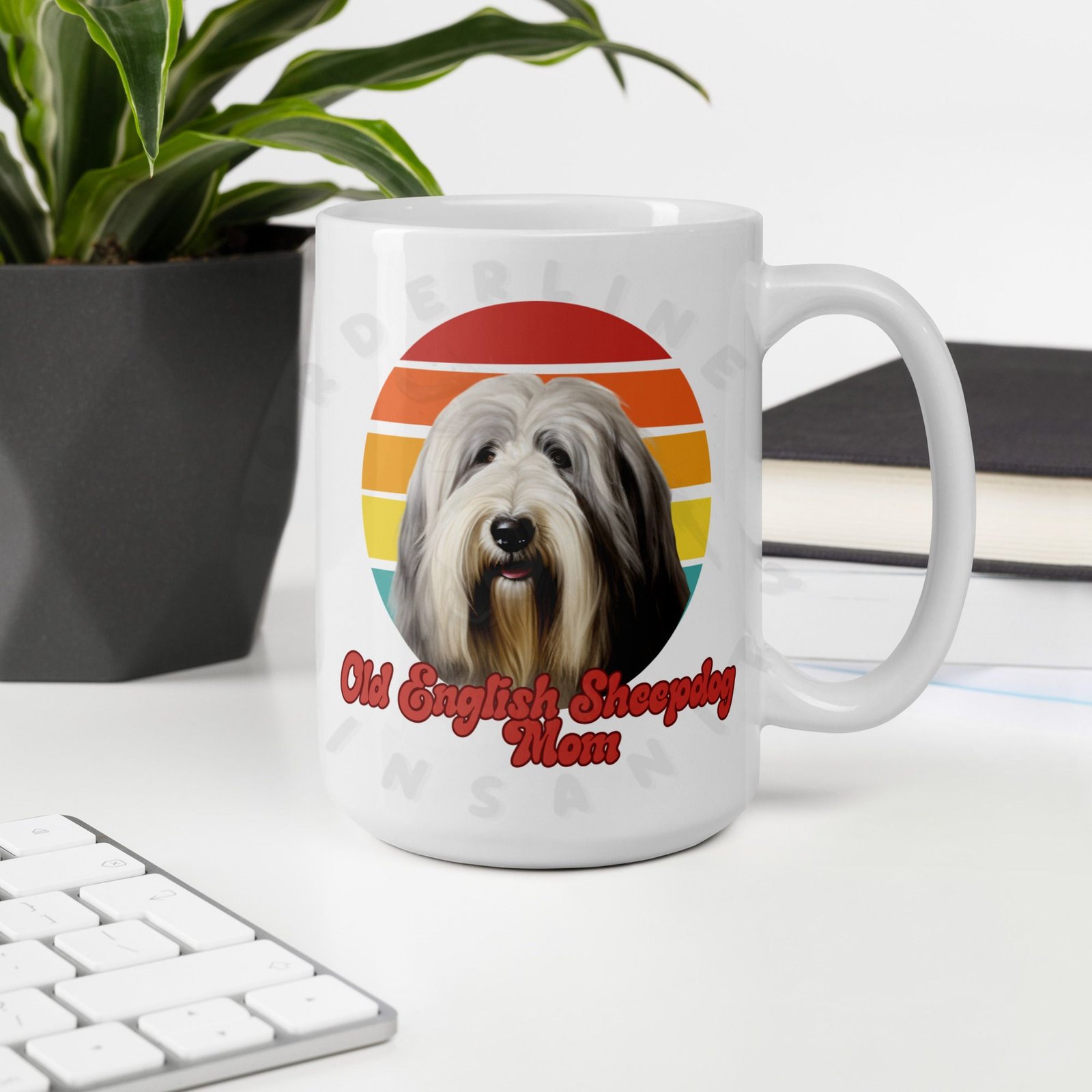 old english sheepdog mom watercolor portrait mug retro vintage style