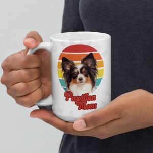 papillon mom gift mug with retro sunset watercolor design