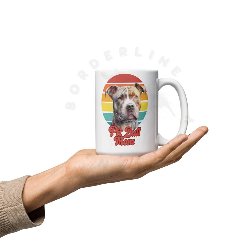 pit bull mom gift mug with retro sunset watercolor design