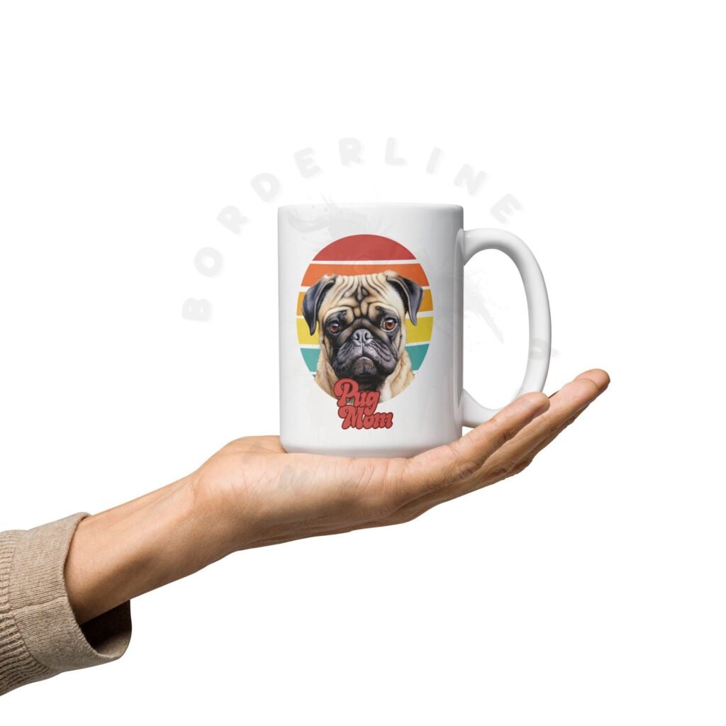 pug mom gift mug with retro sunset watercolor design