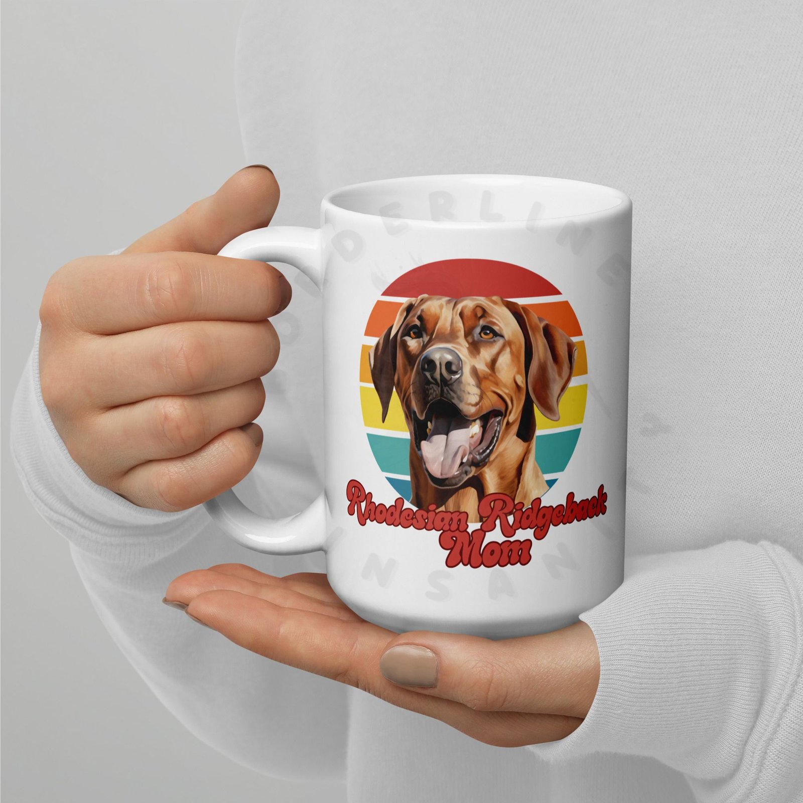 rhodesian ridgeback mom gift mug with retro sunset watercolor design