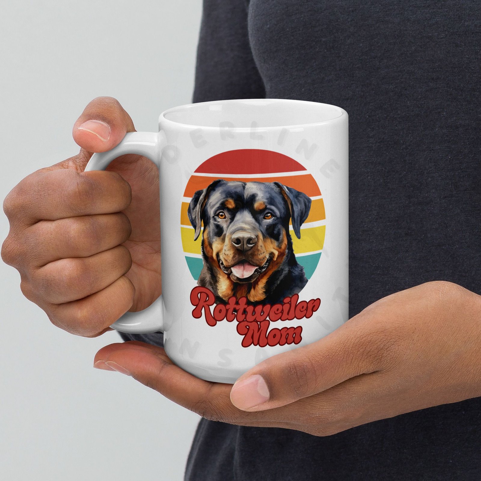 rottweiler mom gift mug with retro sunset watercolor design
