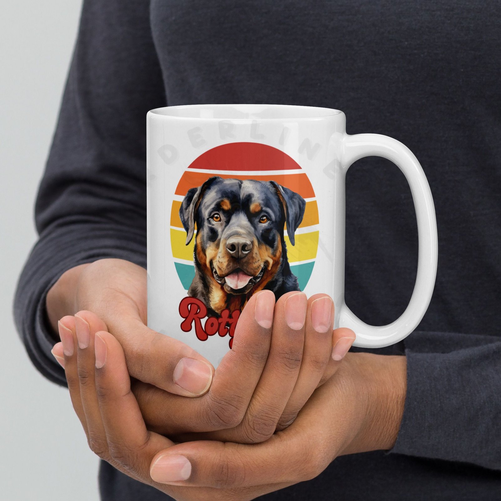 rottweiler mom gift mug with retro sunset watercolor design