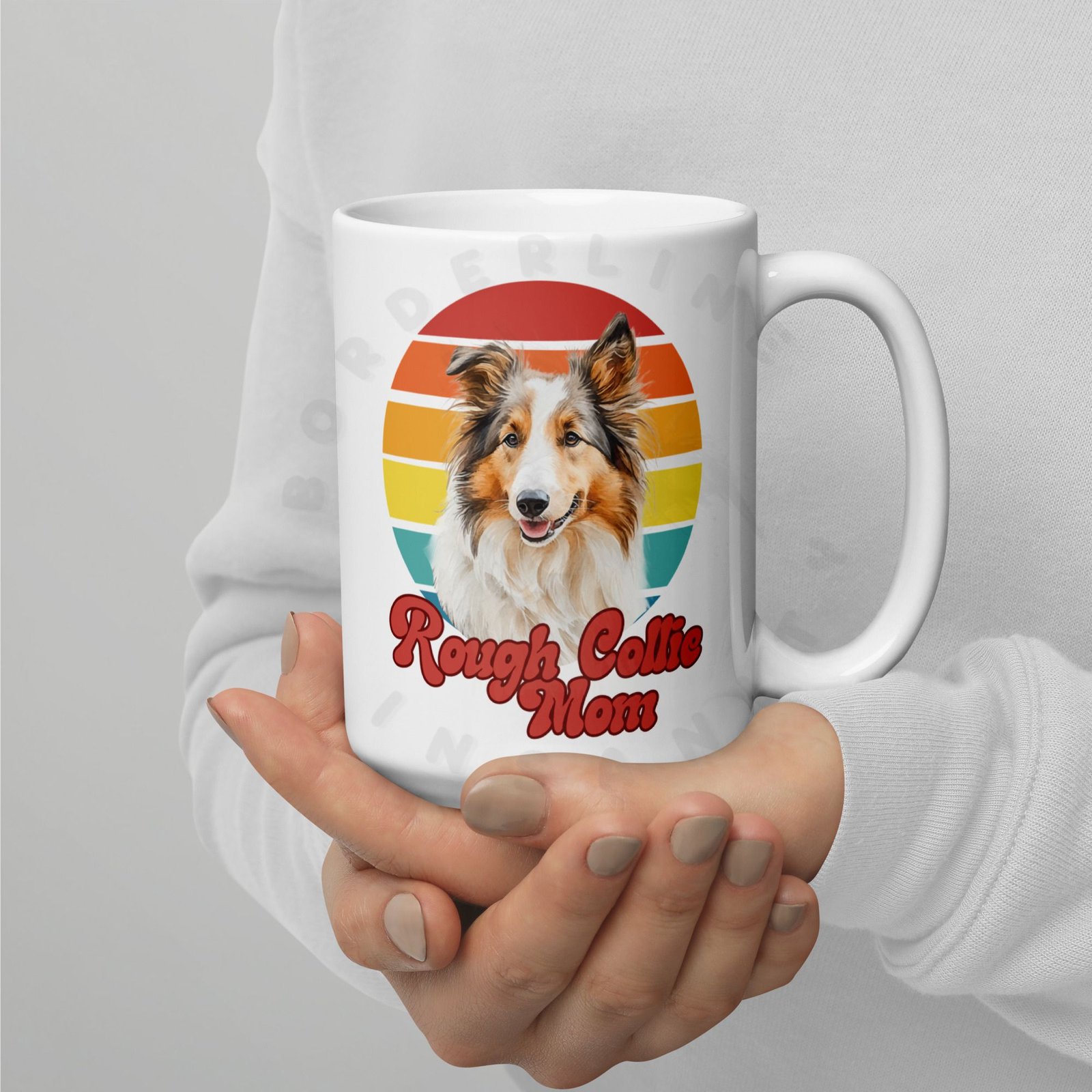 rough collie mom gift mug with retro sunset watercolor design