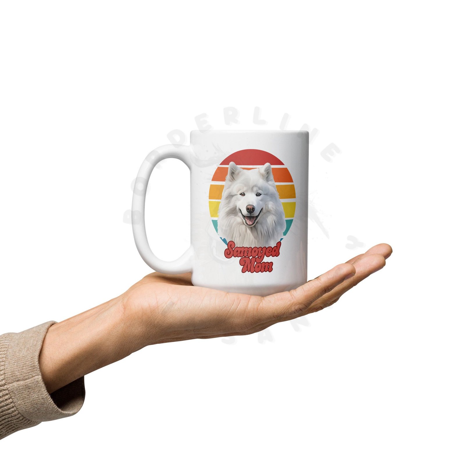 samoyed mom gift mug with retro sunset watercolor design