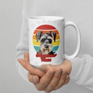 schnauzer mom gift mug with retro sunset watercolor design