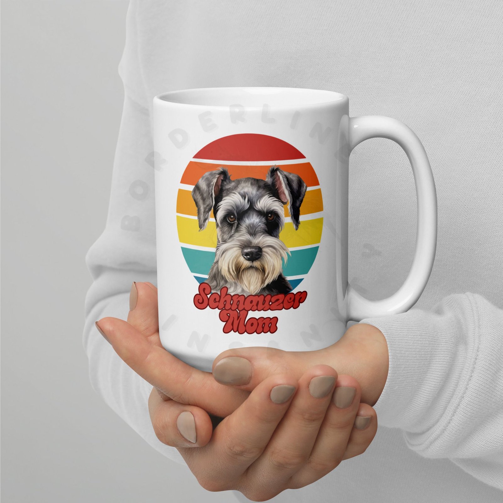 schnauzer mom gift mug with retro sunset watercolor design