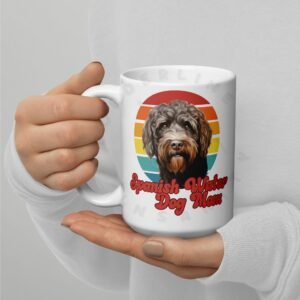 spanish water dog mom gift mug with retro sunset watercolor design