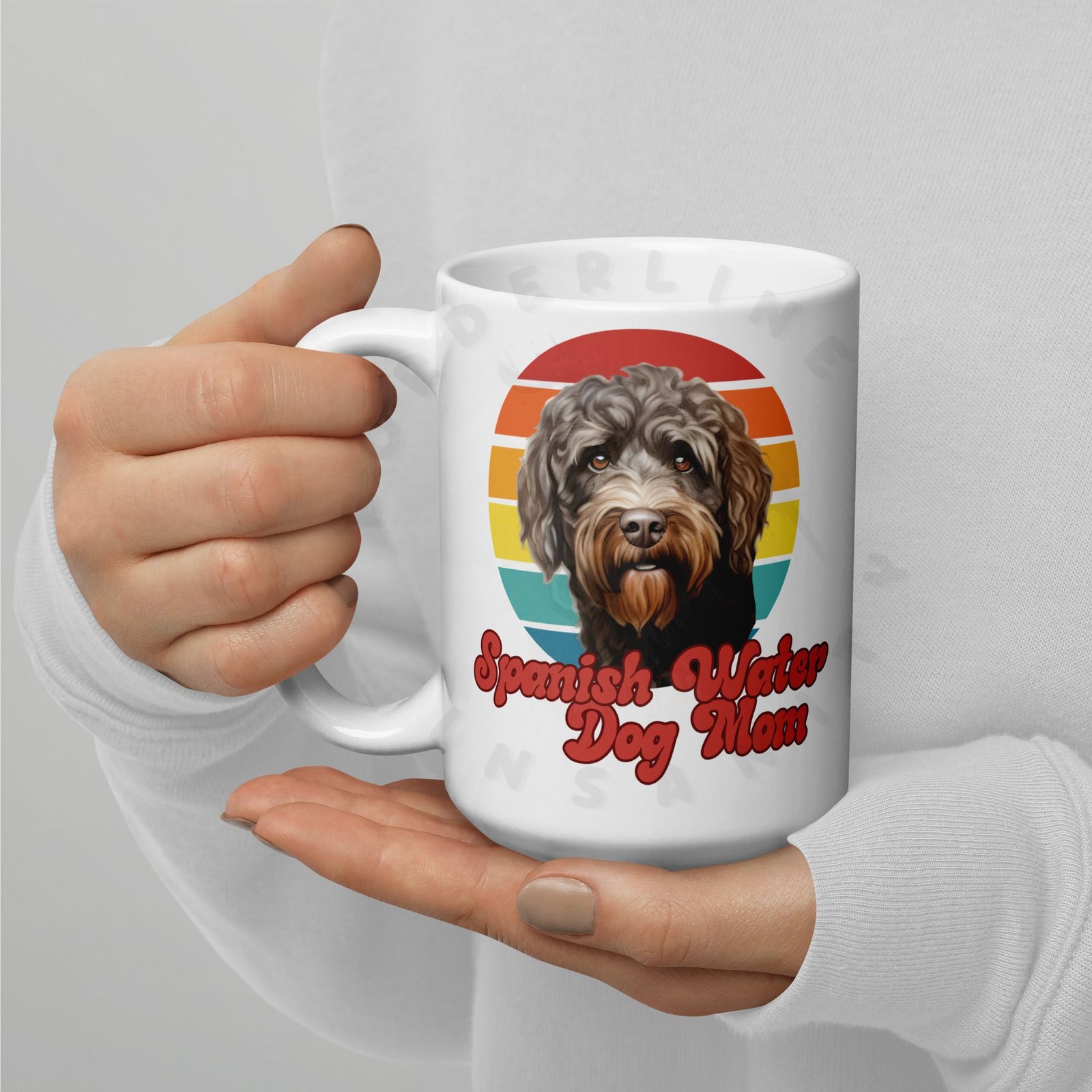 spanish water dog mom gift mug with retro sunset watercolor design
