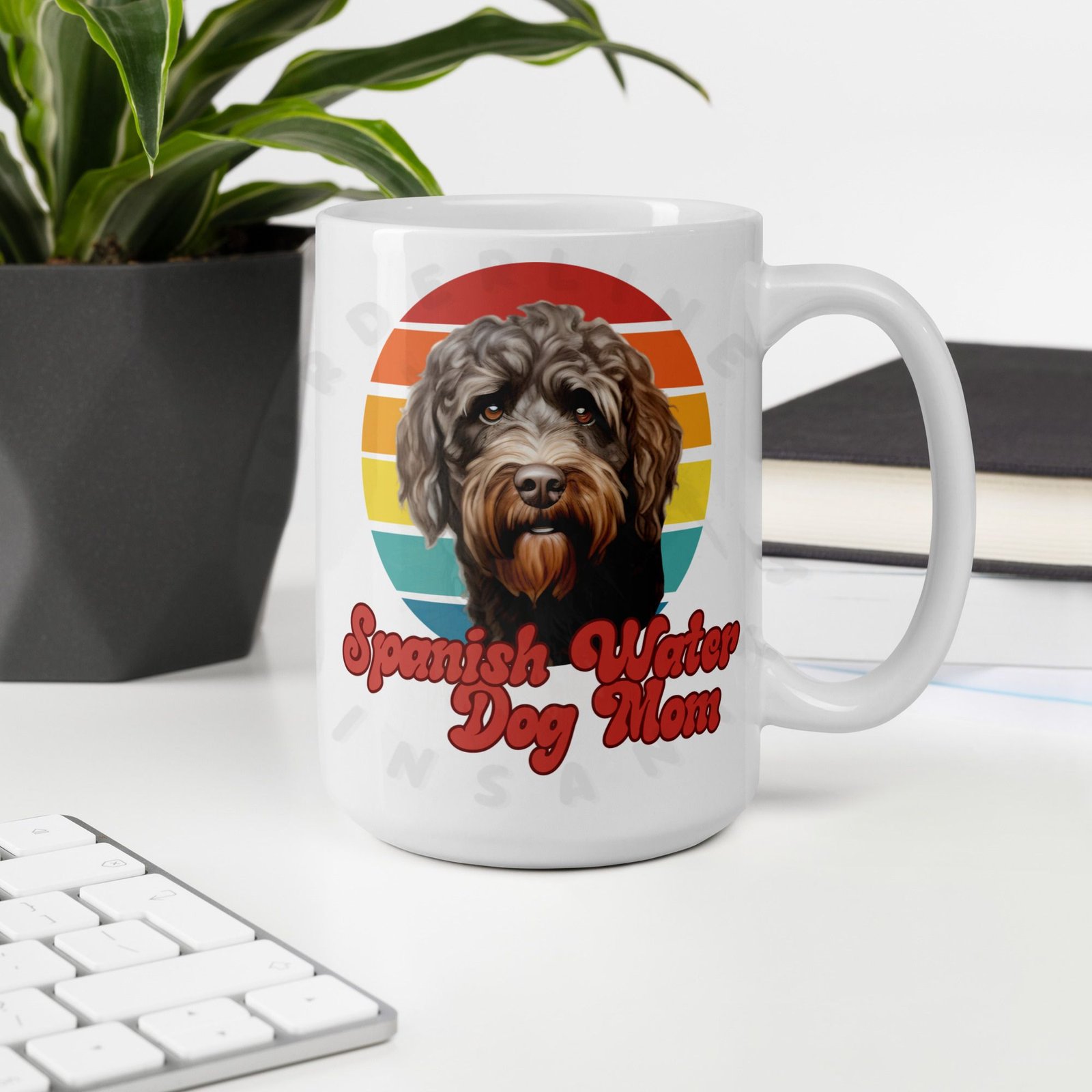 spanish water dog mom watercolor portrait mug retro vintage style