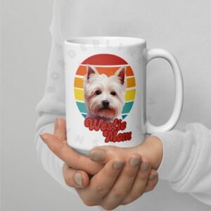 westie mom gift mug with retro sunset watercolor design