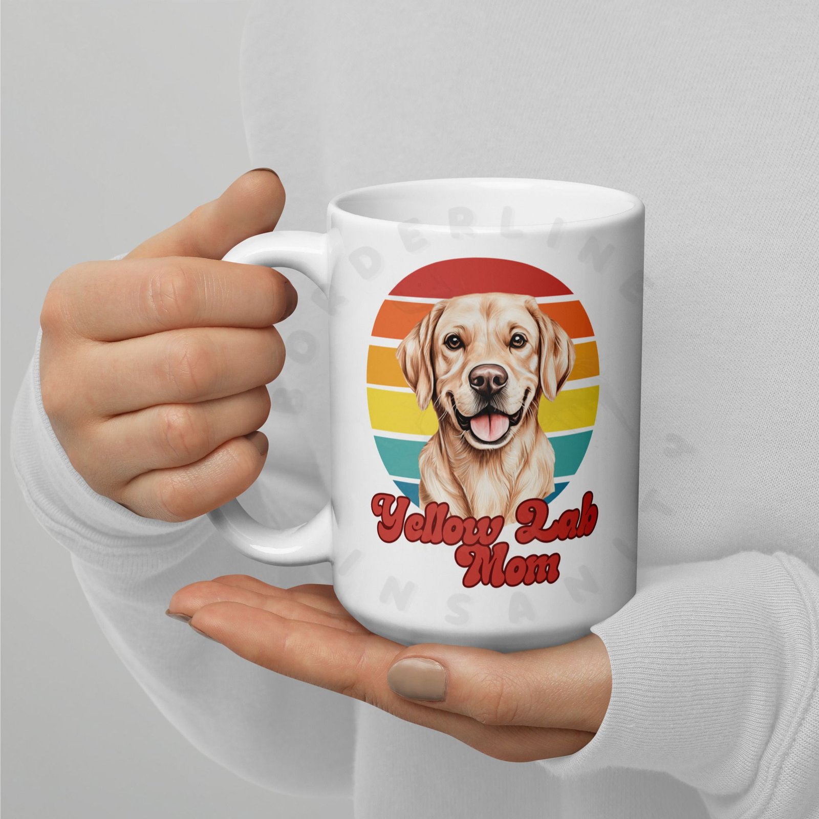 yellow lab mom gift mug with retro sunset watercolor design