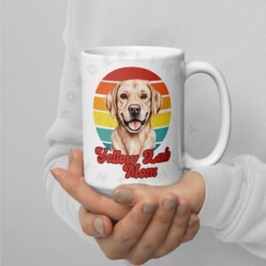 yellow lab mom gift mug with retro sunset watercolor design