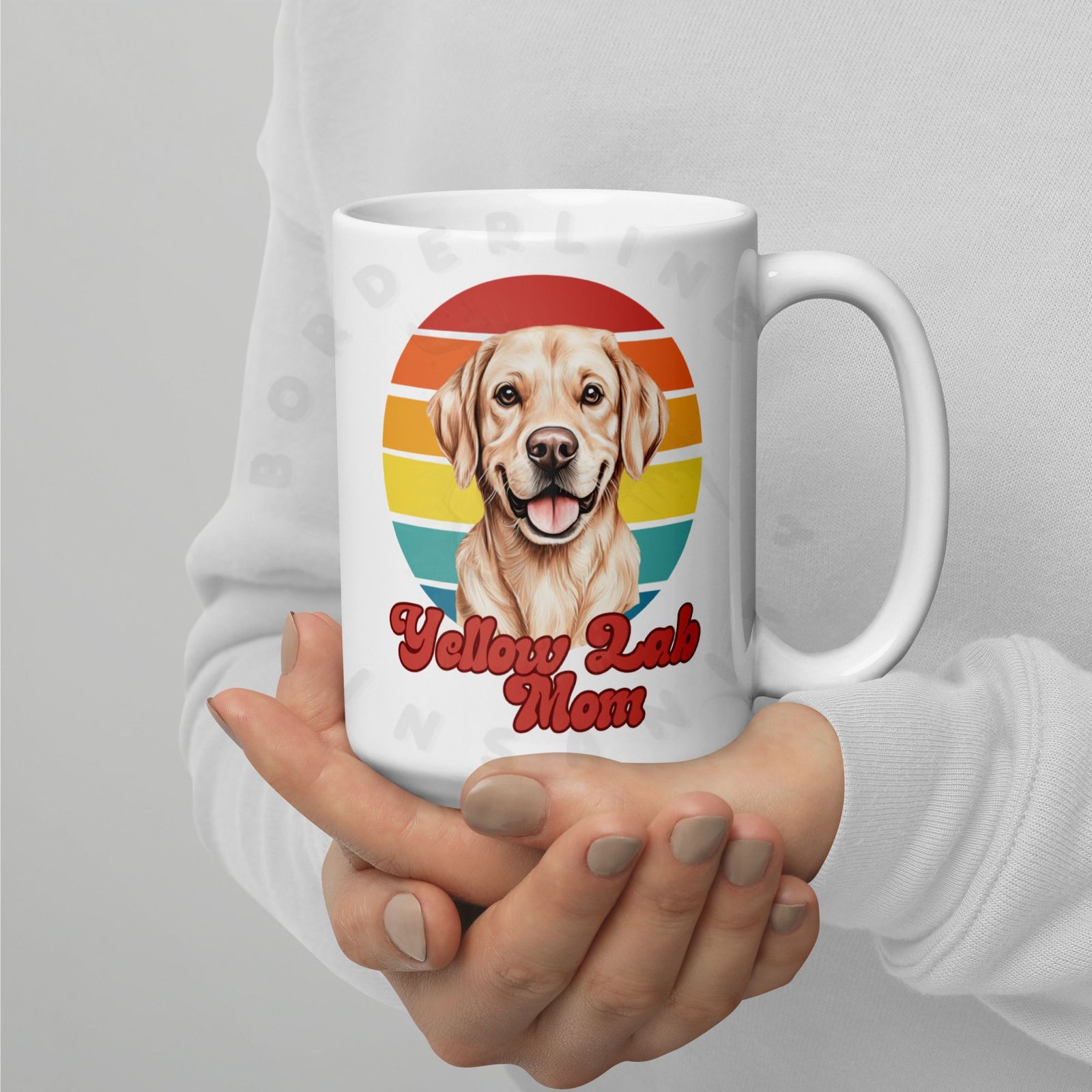 yellow lab mom gift mug with retro sunset watercolor design