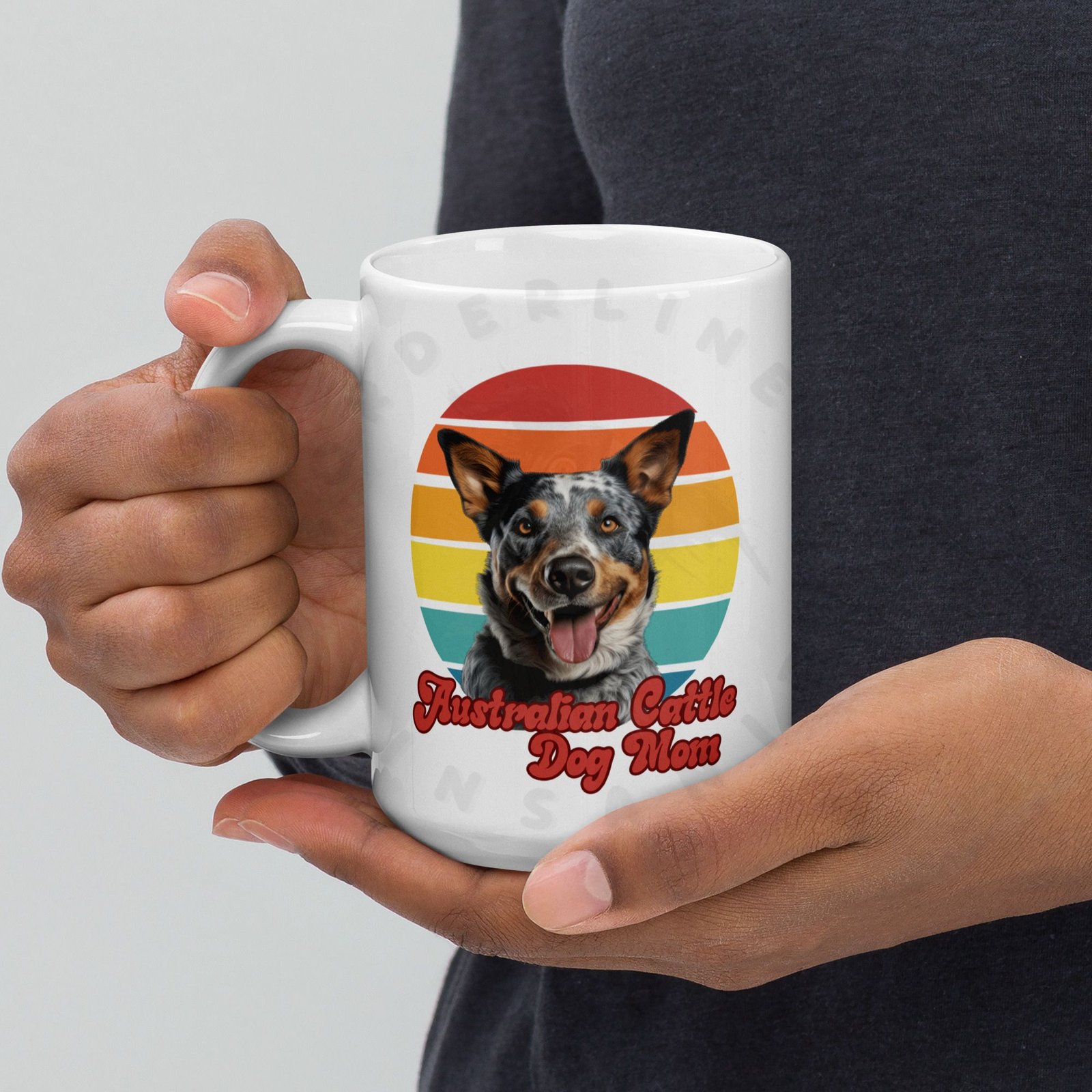 australian cattle dog mom gift mug with retro sunset watercolor design