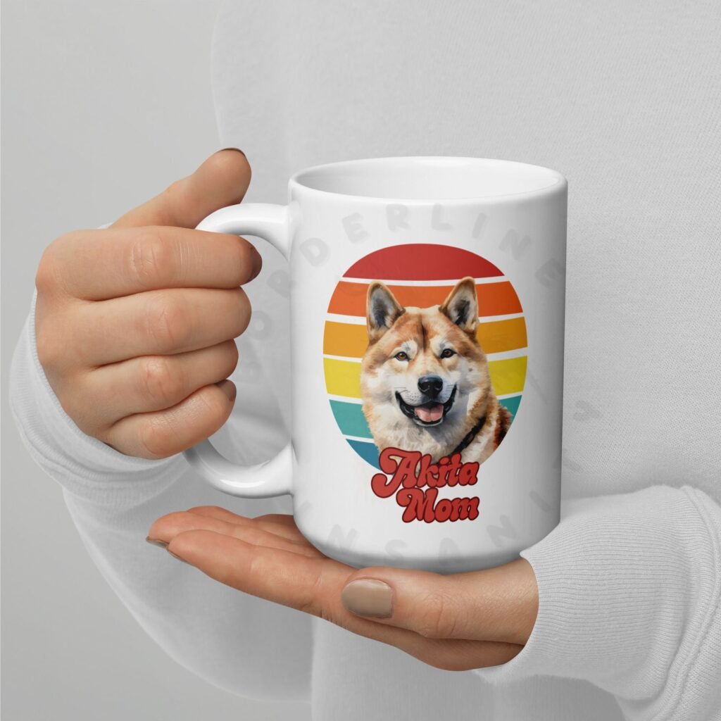 akita mom gift mug with retro sunset watercolor design