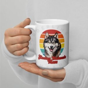 alaskan malamute mom gift mug with retro sunset watercolor design