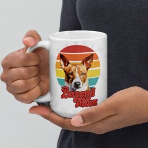 basenji mom gift mug with retro sunset watercolor design