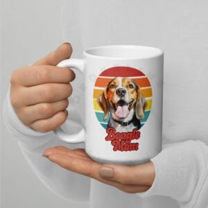 beagle mom gift mug with retro sunset watercolor design