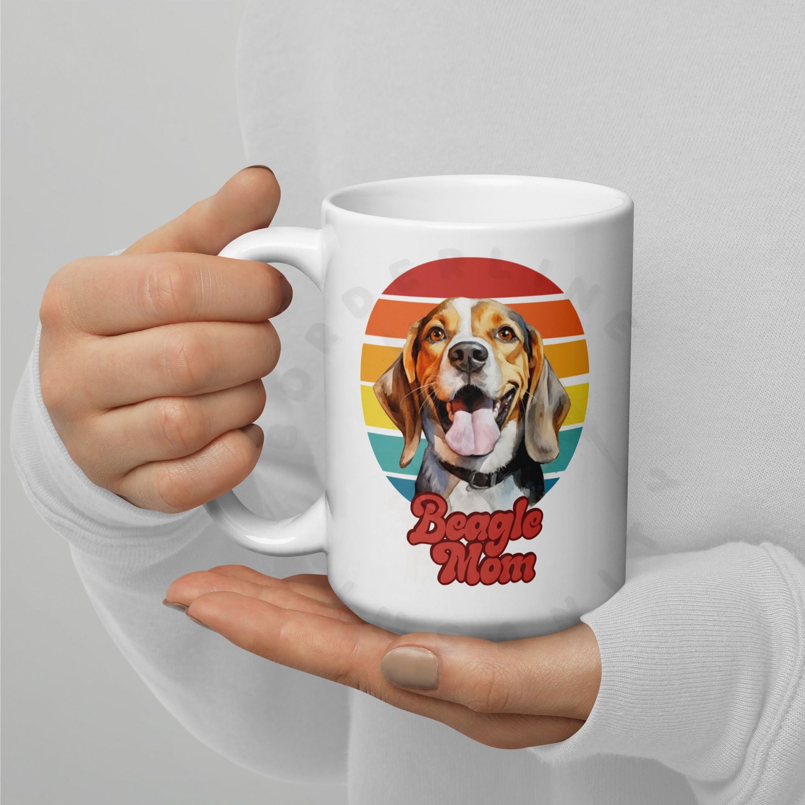 beagle mom gift mug with retro sunset watercolor design