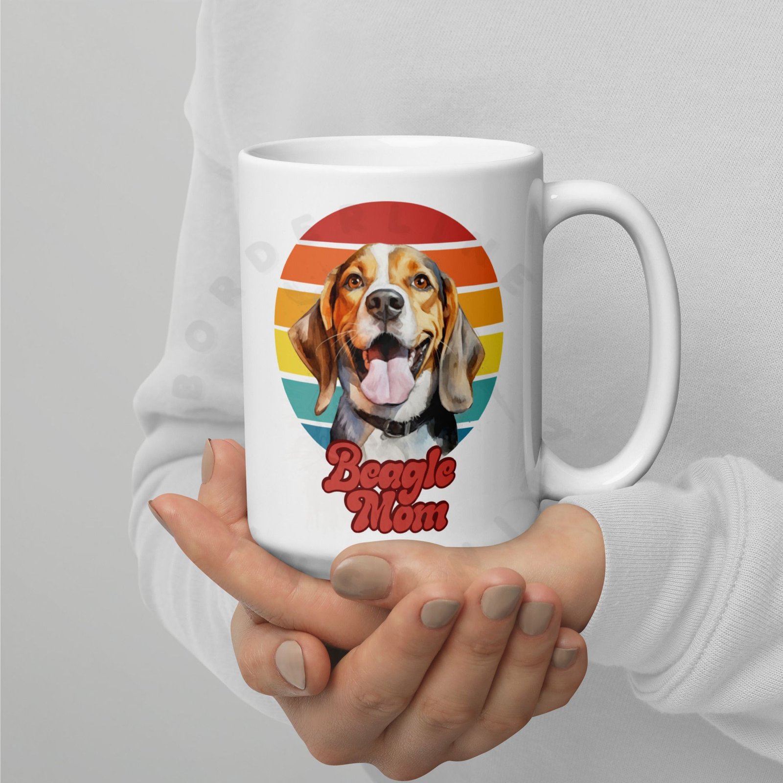 beagle mom gift mug with retro sunset watercolor design