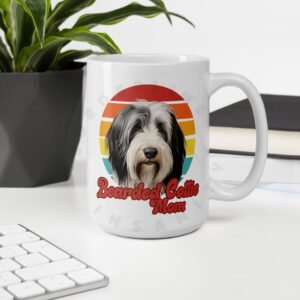 bearded collie mom watercolor portrait mug retro vintage style