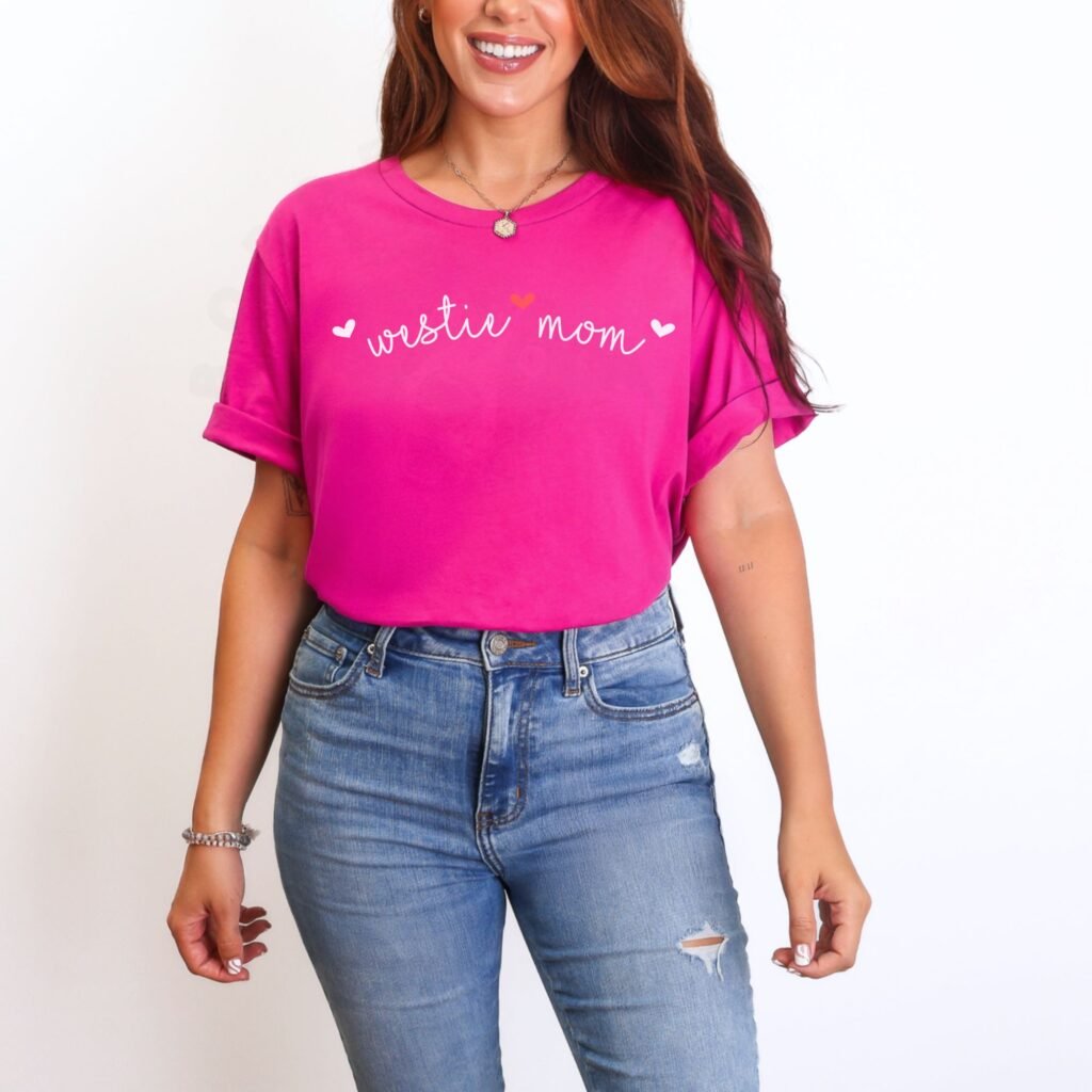 Westie Mom t-shirt cursive hearts design, dog mom gift, soft bella canvas tee
