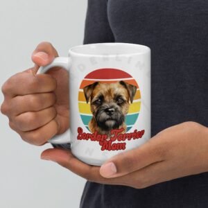 border terrier mom gift mug with retro sunset watercolor design